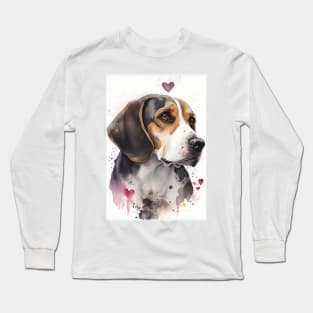 A Watercolor Beagle Dog Portrait with Loose Valentine Hearts Long Sleeve T-Shirt